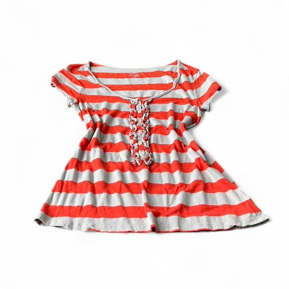 Vintage Old Navy Orange & Grey Striped Scoop Neck Henley Blouse Size Medium